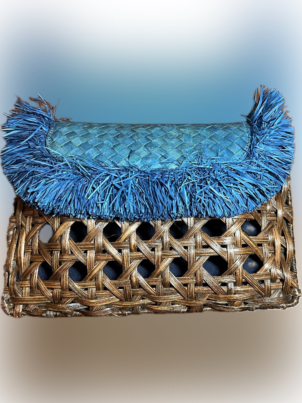 Vincent Pradier Woven Rattan Clutch Blue Raffia Fringe Anthropologie Style